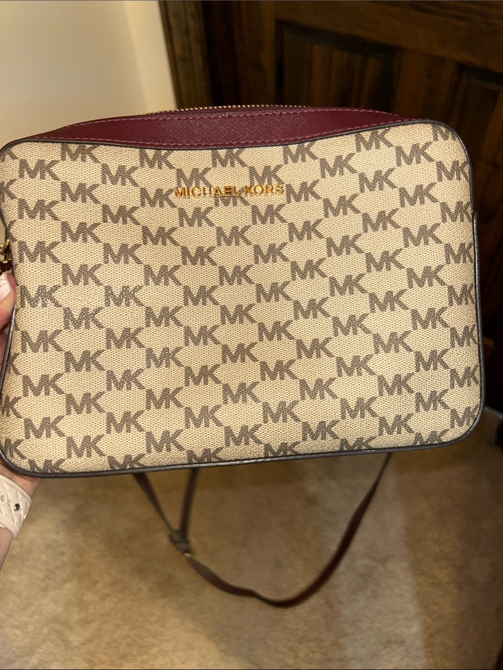 Michael Kors Brown MK Logo Crossbody with Burgundy Trim and Gold Chain - Picture 11 of 12